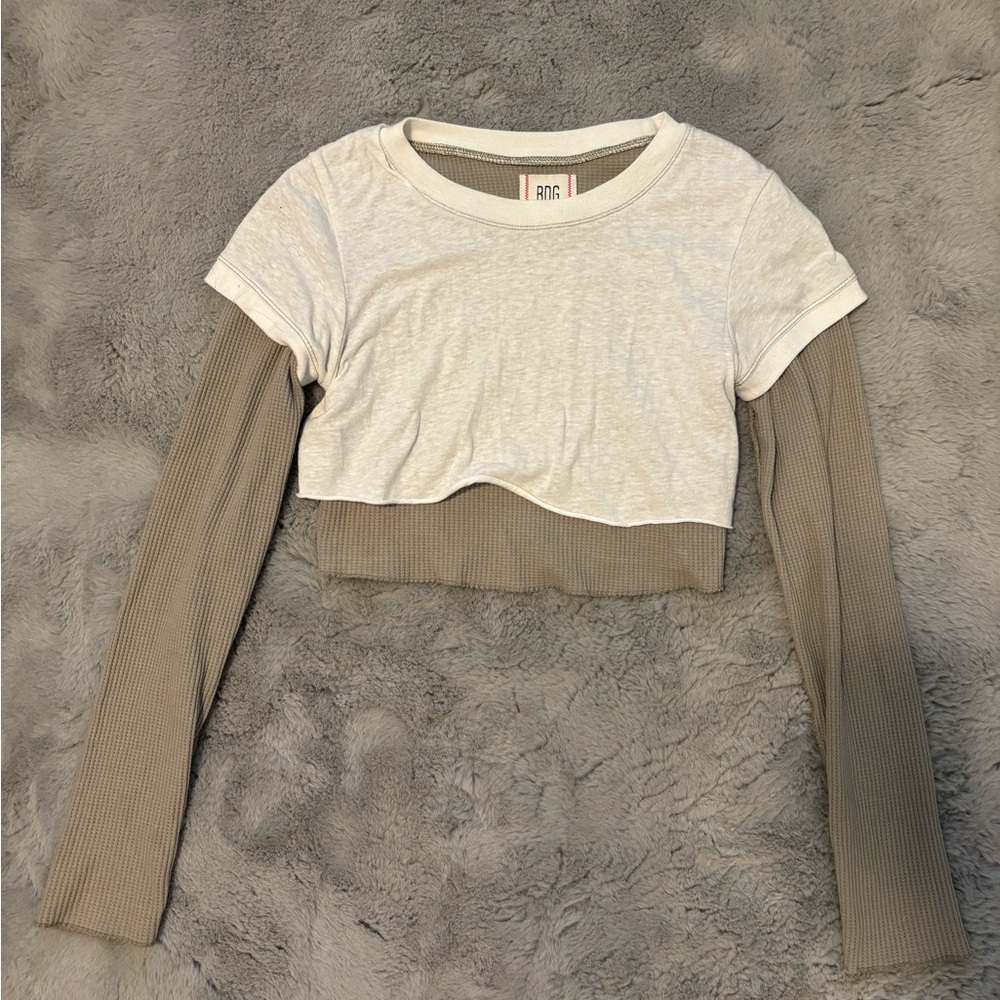 Urban Outfitters Cream and Brown Crop T-Shirt Asymmetrical